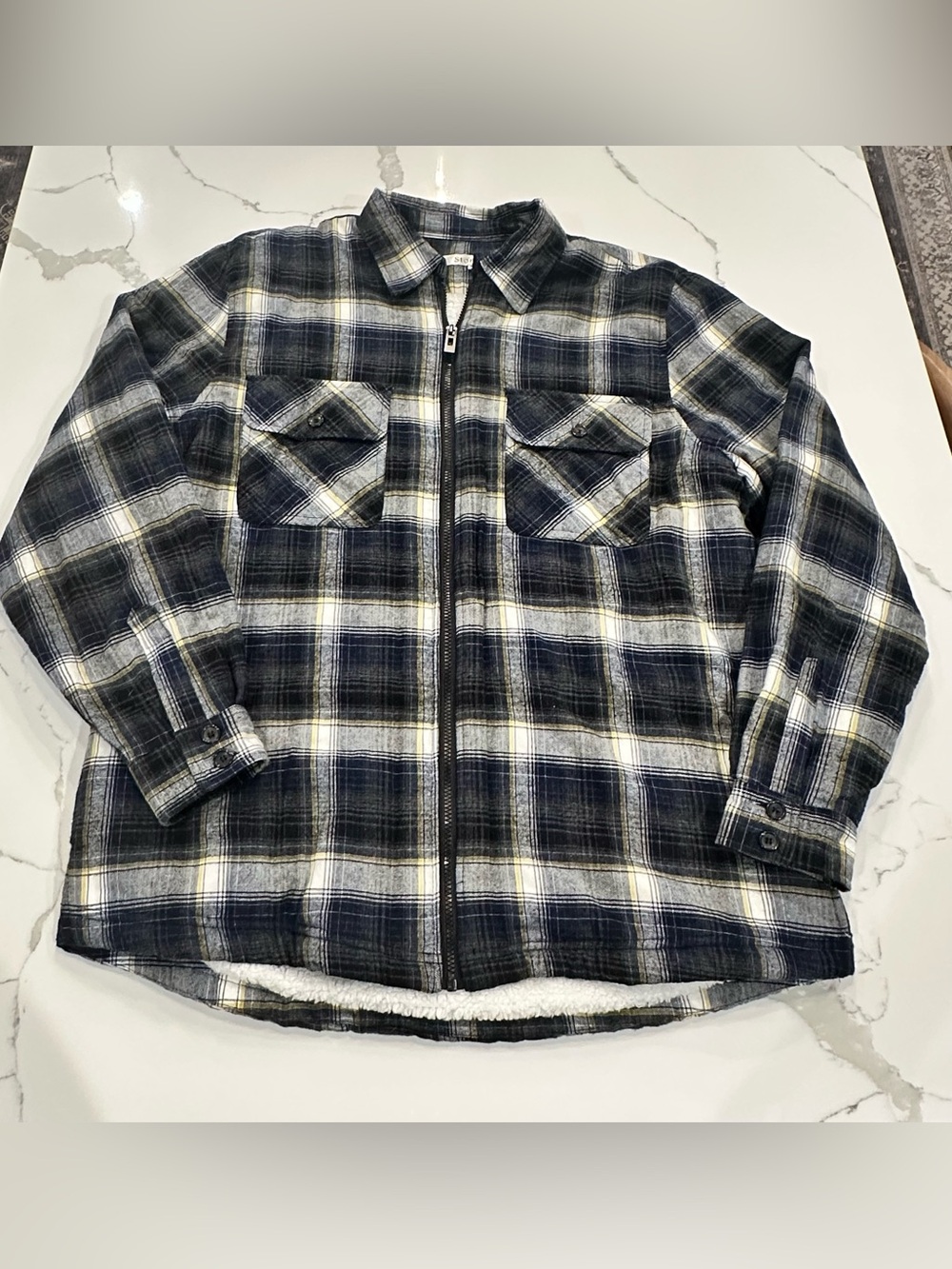 Men's Navy & White Plaid Zip-Up Sherpa-Lined Jacket